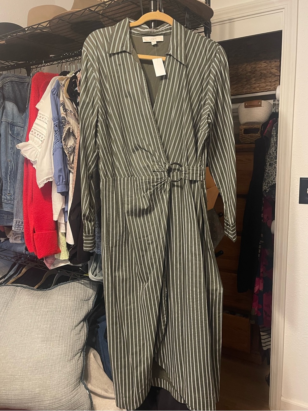 Loft striped Olive Green Pinstripe Wrap Shirtdress - Picture 4 of 5
